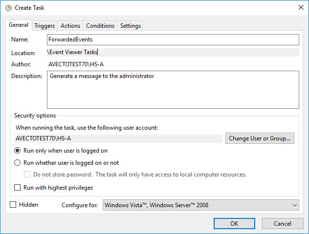Set advanced options for event collection using the Windows Task Scheduler application.