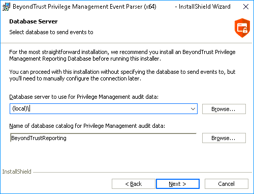 Endpoint Privilege Management Event Parser installer wizard: database server settings