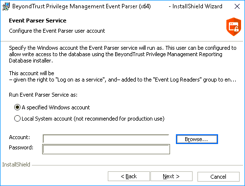 Endpoint Privilege Management Event Parser installer wizard: service account settings