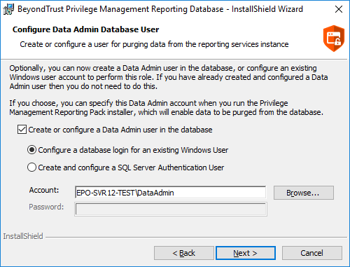 Endpoint Privilege Management Reporting installer wizard: database admin user settings