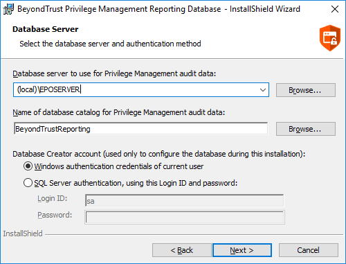 Endpoint Privilege Management Reporting installer wizard: database server settings