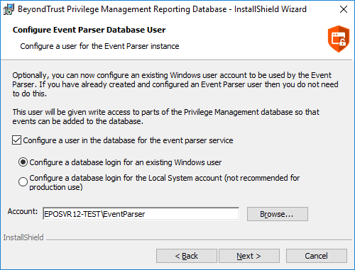 Endpoint Privilege Management Reporting installer wizard: event parser settings