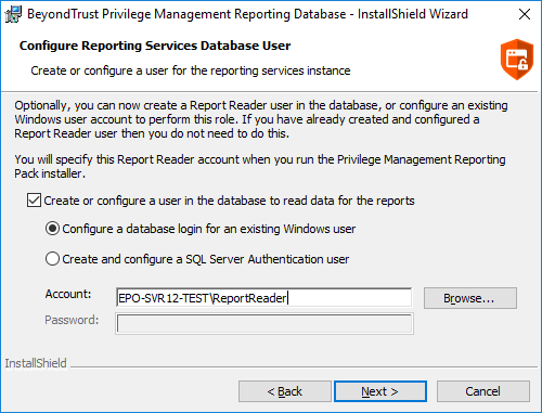 Endpoint Privilege Management Reporting installer wizard: report server settings