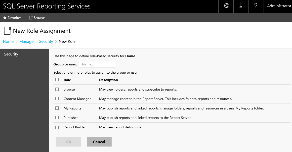 Add a Browser role to permit Privilege Management users to see reports in SSRS.