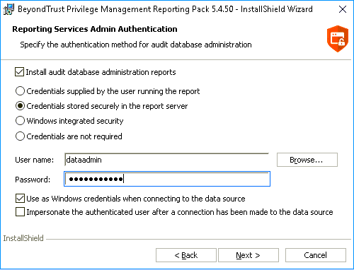 Endpoint Privilege Management report pack installer wizard: services admin authentication settings.