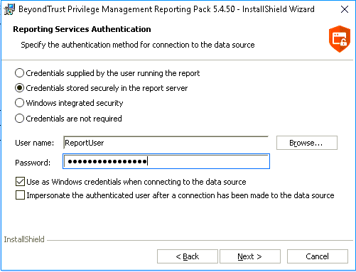 Endpoint Privilege Management report pack installer wizard: reporting services authentication settings.