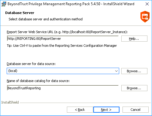 Endpoint Privilege Management report pack installer wizard: database server settings.