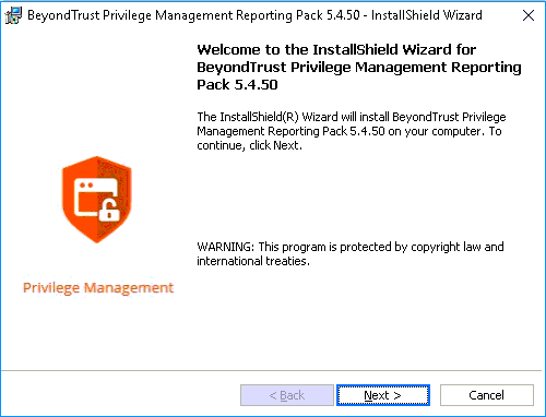 Endpoint Privilege Management report pack installer wizard: welcome page