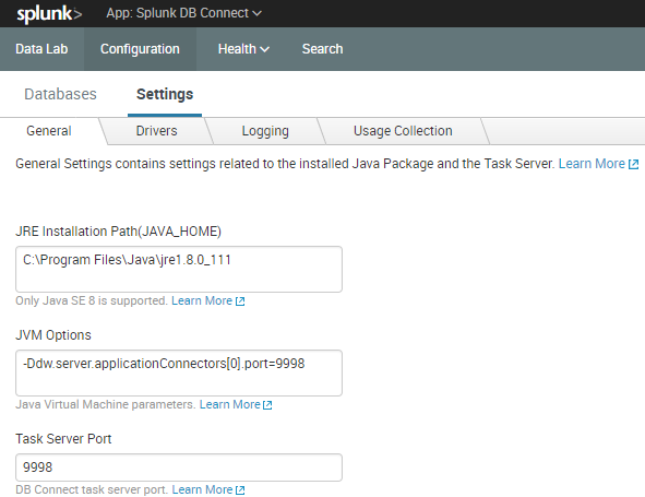 Image shows configuration settings for Splunk DB Connect application