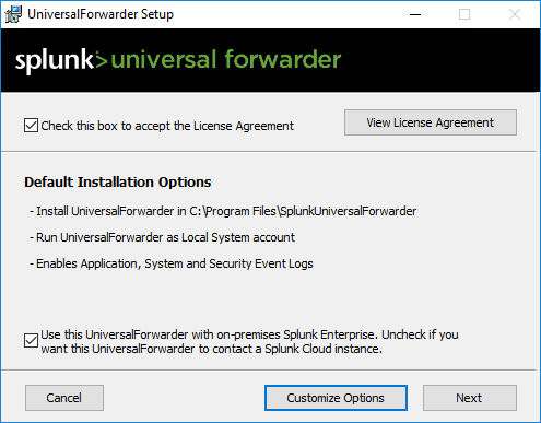 Splunk Universal Forwarder default installation options