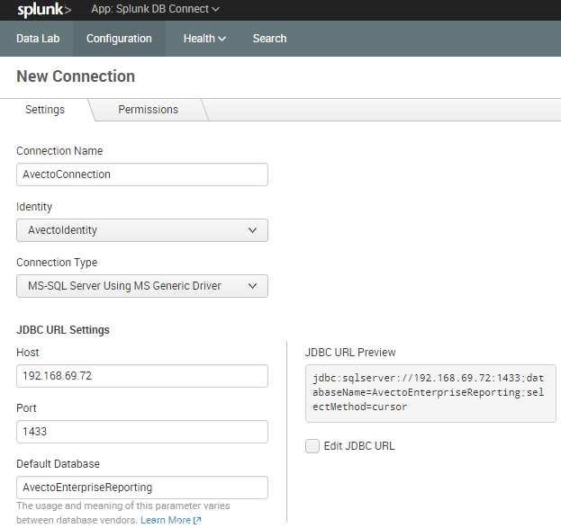 Connections settings for Privilege Management integration with Splunk