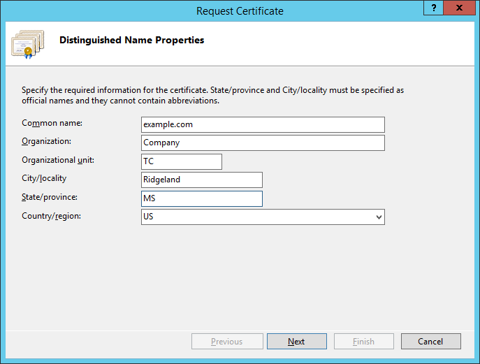 Request Certificate - Distinguished Name Properties
