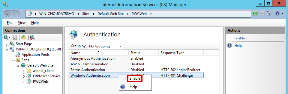 IIS Manager - Enable Windows Authentication