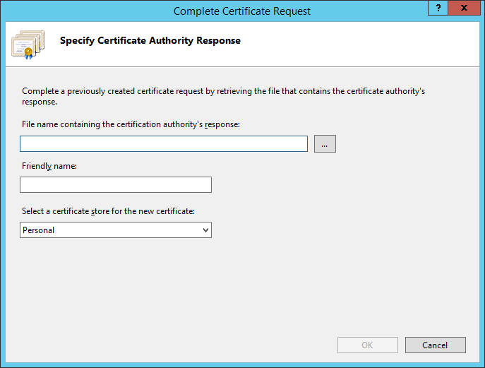 Complete Certificate Request - Specify Certificate Authority Response
