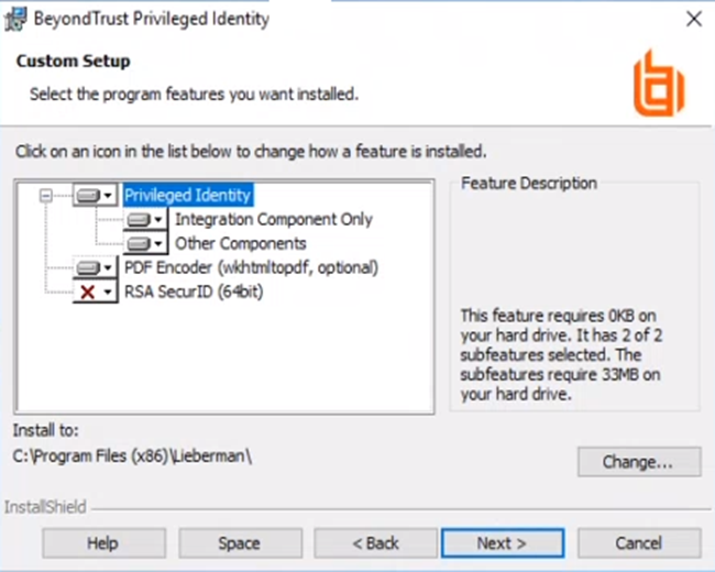 Privileged Identity Installer Custom Setup Screen