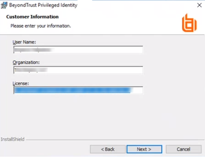 Privileged Identity Installer Customer Information Screen
