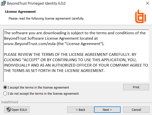 Privileged Identity Installer License Agreement Screen