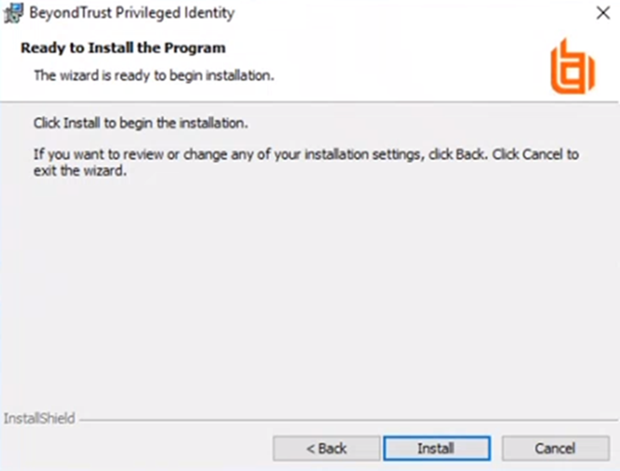 Privileged Identity Installer Ready to Install the Program Screen