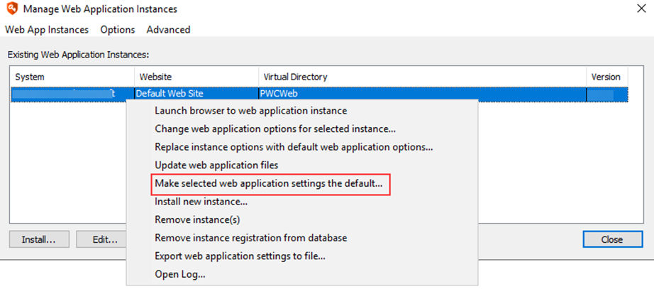 Make selected web application settings the default