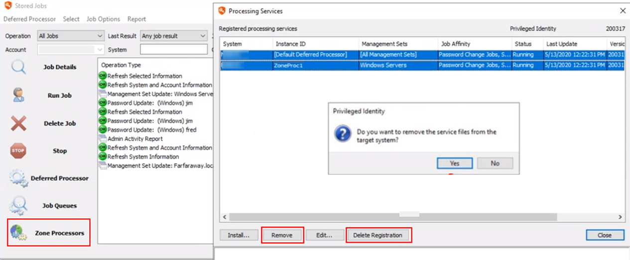Processing Services dialog box - Remove Deferred and Zone Processors 
