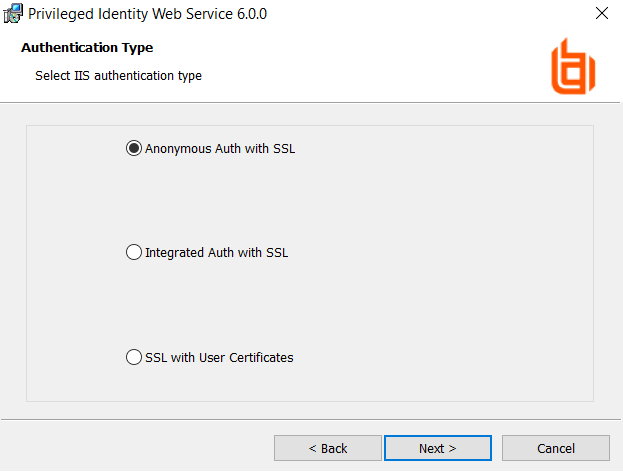 Privileged Identity Web Service Installer - Authentication Type screen