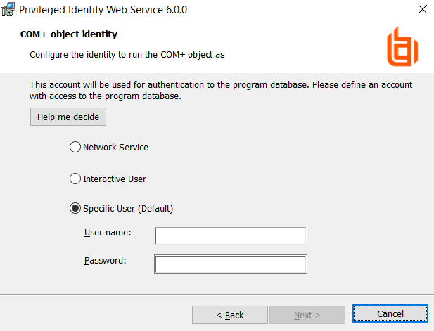 Privileged Identity Web Service Installer - COM+ Object Identity screen 