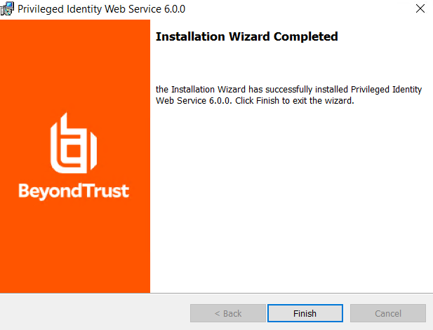 Privileged Identity Web Service Installer - Completed screen