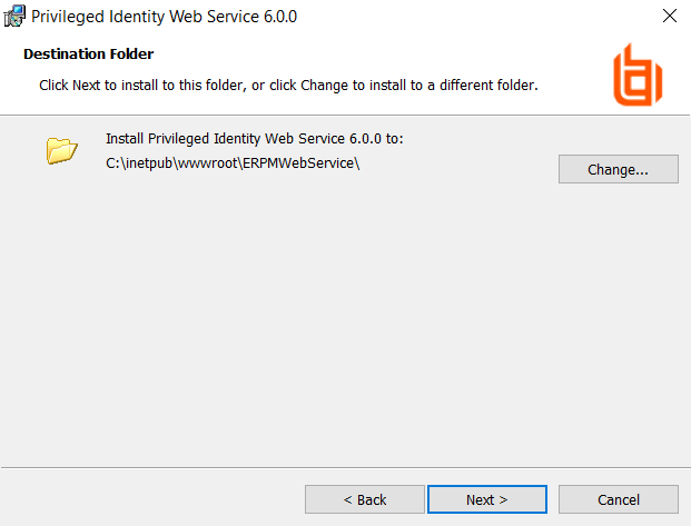 Privileged Identity Web Service Installer - Destination Folder screen