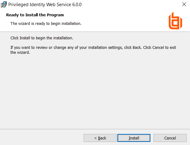 Privileged Identity Web Service Installer - Ready to Install screen