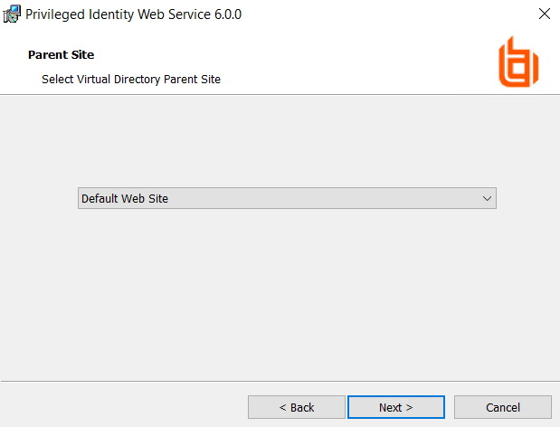 Privileged Identity Web Service Installer - Select Virtual Directory Parent Site screen