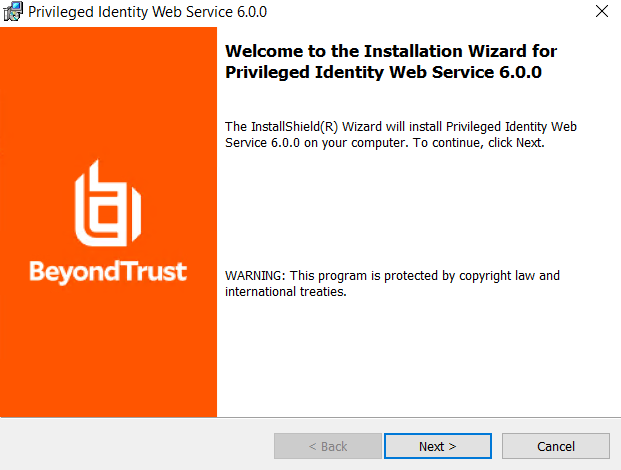 Privileged Identity Web Service Installer Welcome Screen