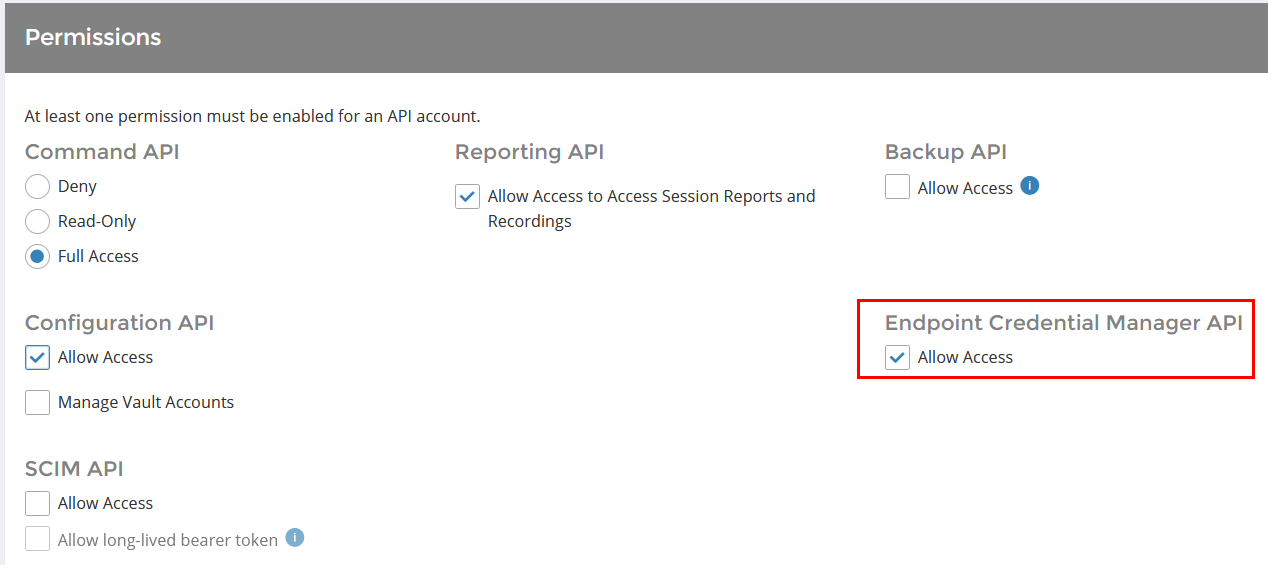 Screenshot of the Allow Access for Endpoint Credential Manager API option on the API Configuration page in Privileged Remote Access /login.