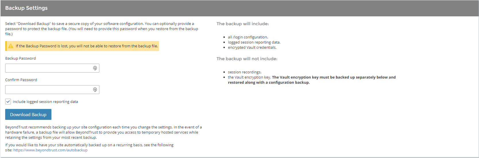 Image of the Backup Settings section in /login