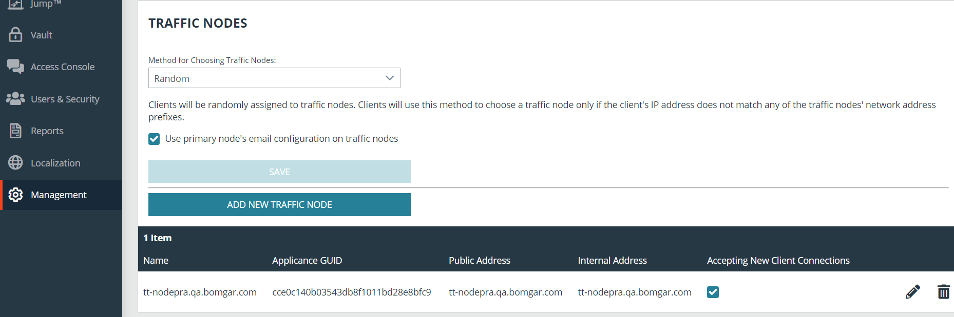 Atlas Cluster Primary Node Management Page Traffic Nodes