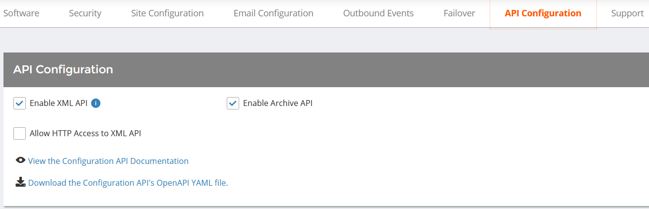 Screenshot of the Enable XML API option on the API Configuration page in /login.