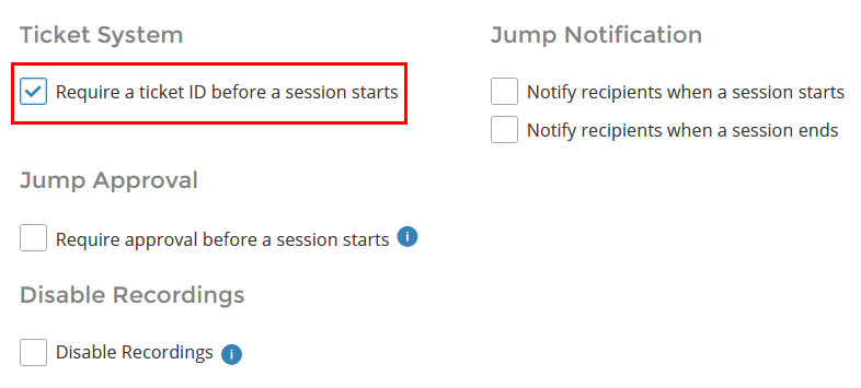 Screenshot of the Require a Ticket ID option on the Jump Policies page in /login.