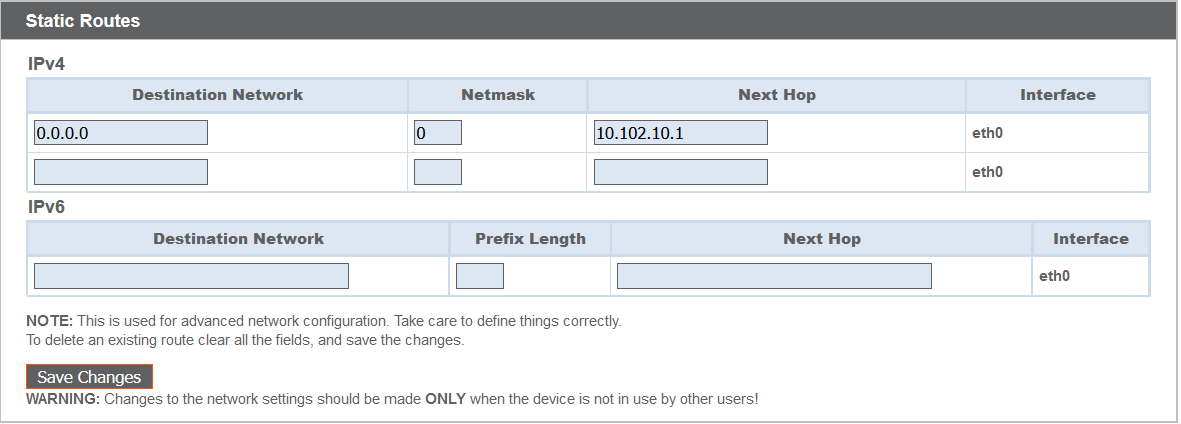 Screenshot of Networking >  Static Routes page in /appliance