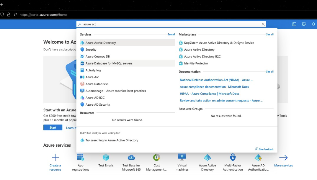 Azure portal screen, with Azure Active Directory searched and selected.
