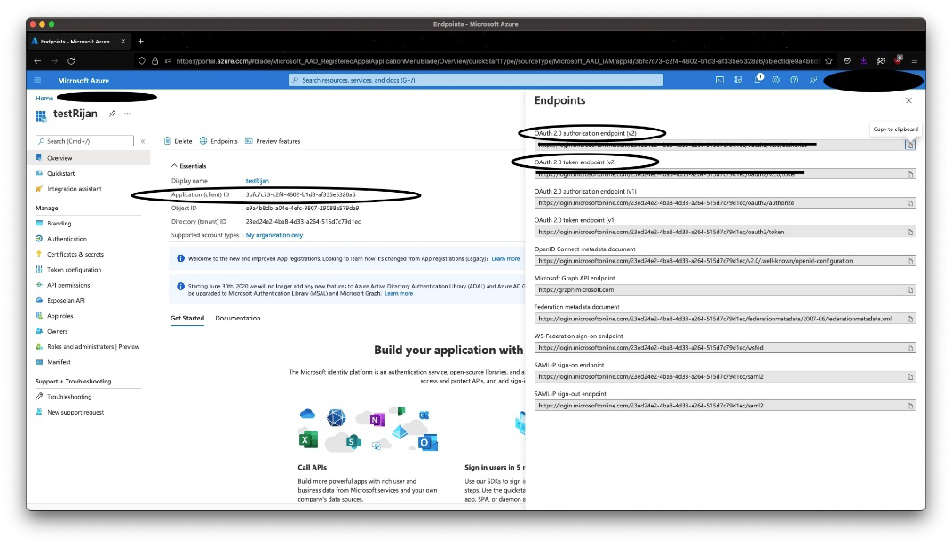 Azure App registrations screen, showing owned applications and the option to add a new registration. 