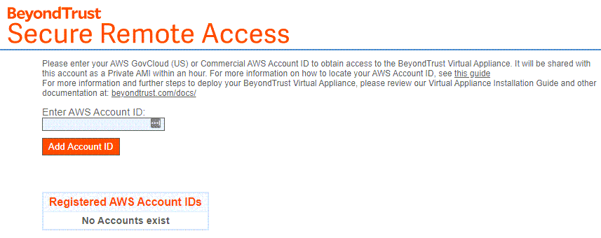 The BeyondTrust web page where you enter your AWS account ID to upload your PRA Virtual Appliance to Amazon  
