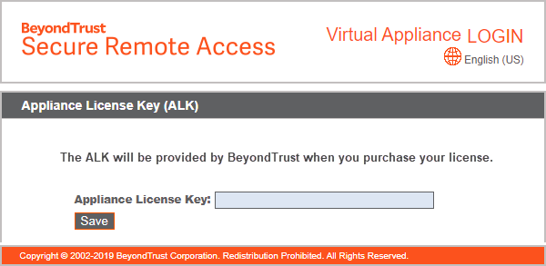 The BeyondTrust section allowing you to enter your Appliance License Key to register your appliance.