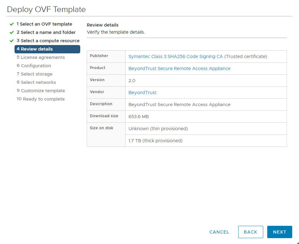 Deploy OVF Template: Review Details Screen