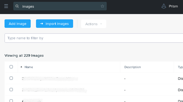 The Nutanix screen viewing, adding, and importing images for the image repository