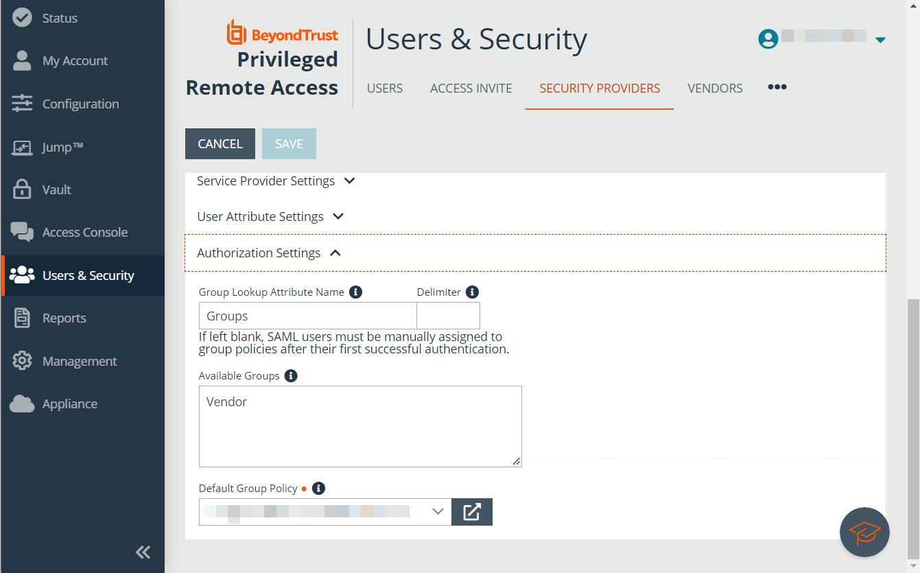 BeyondTrust page for configuring authorization.