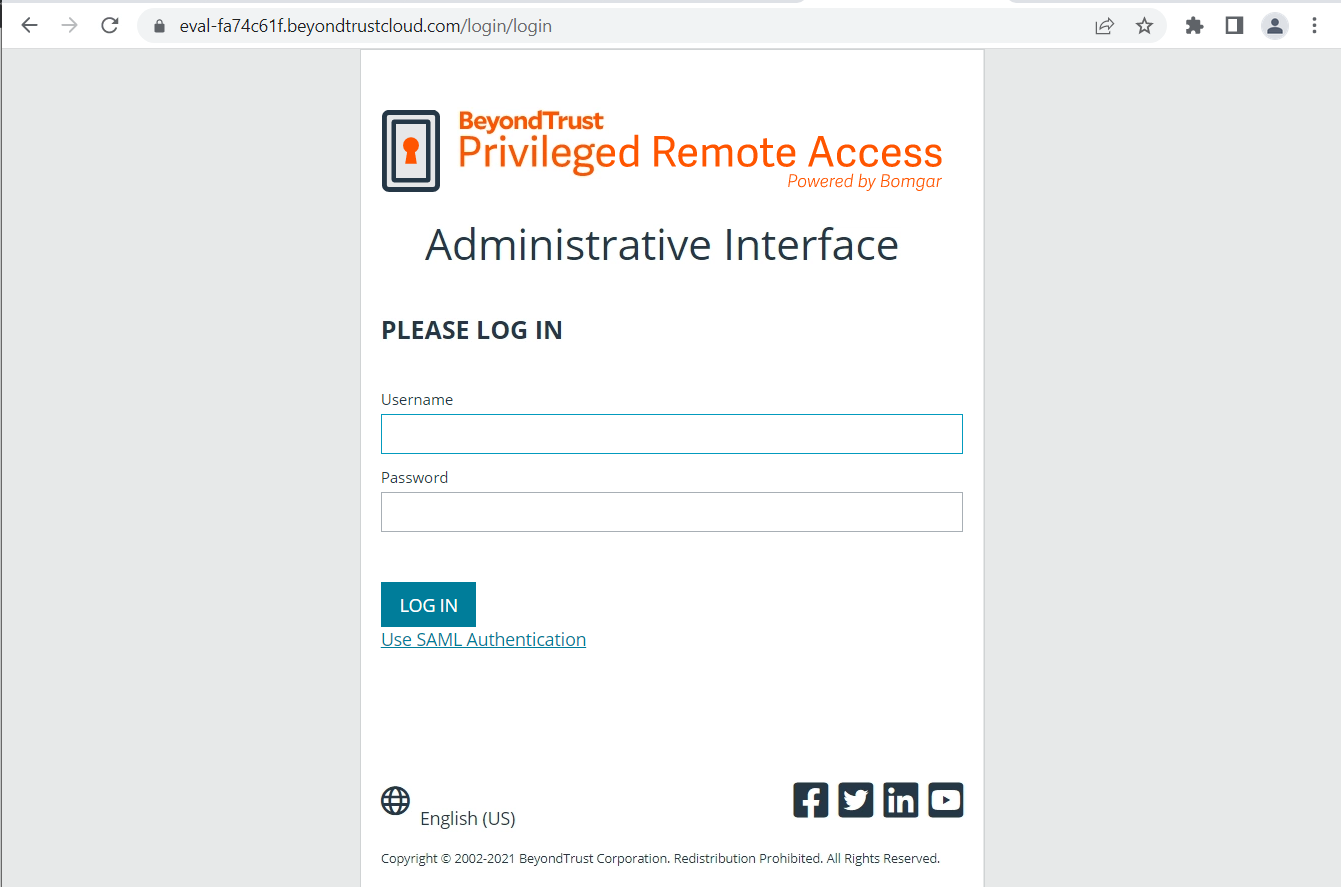 BeyondTrust Remote Support login page, with option to use SAML authentication. 