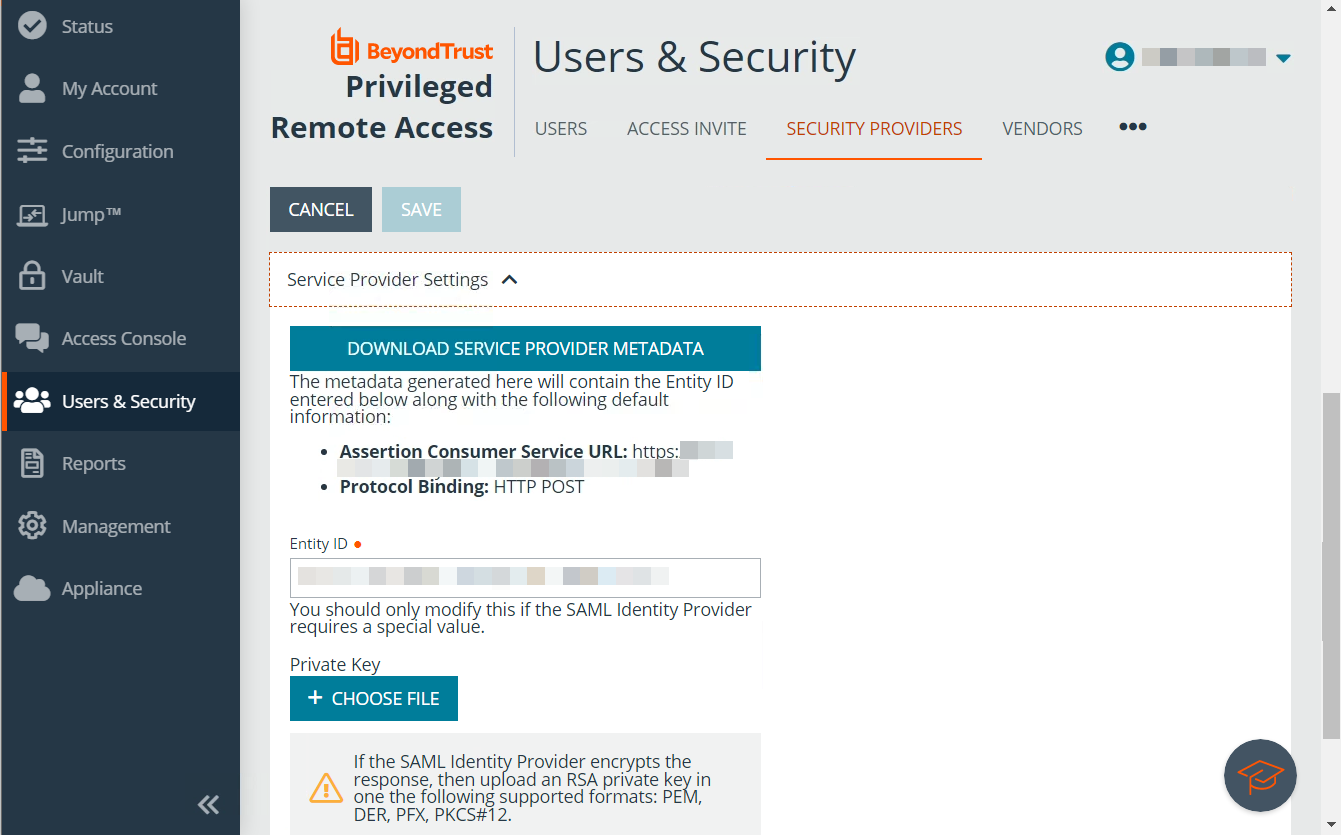 BeyondTrust page for obtaining service provider metadata.