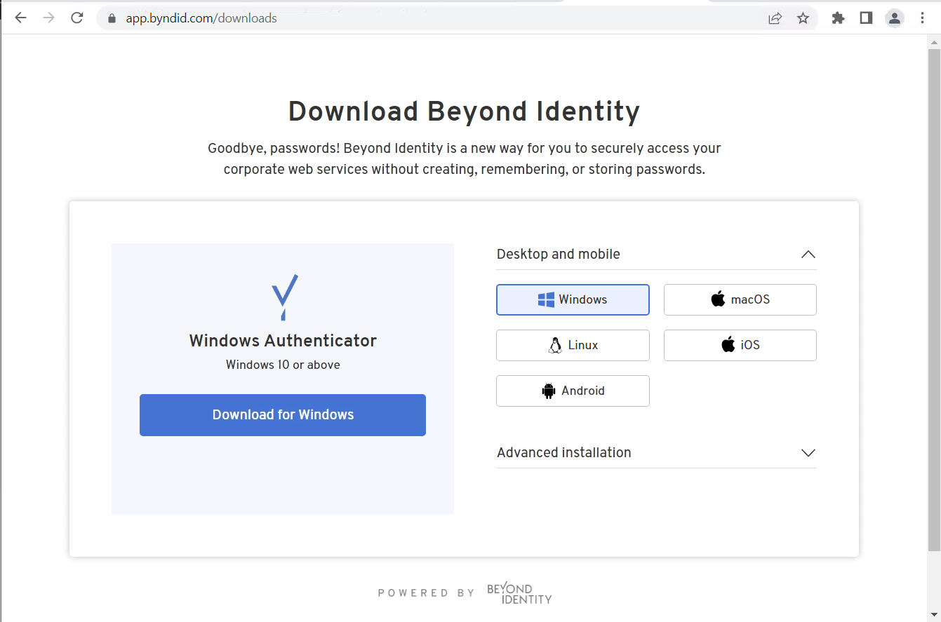 Web page for downloading Beyond Identity
