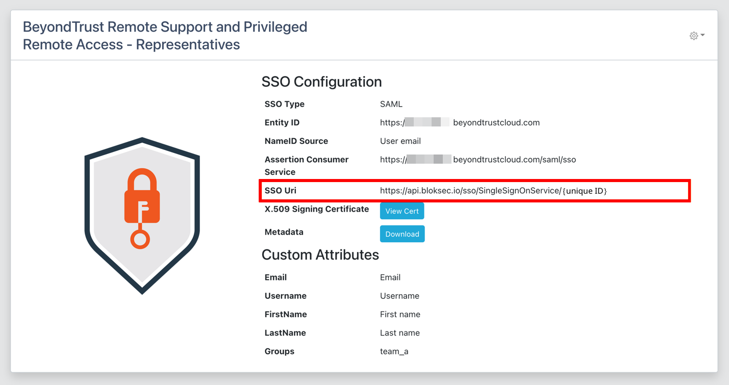 BlokSec SSO configuration parameters to be used in the BeyondTrust configuration