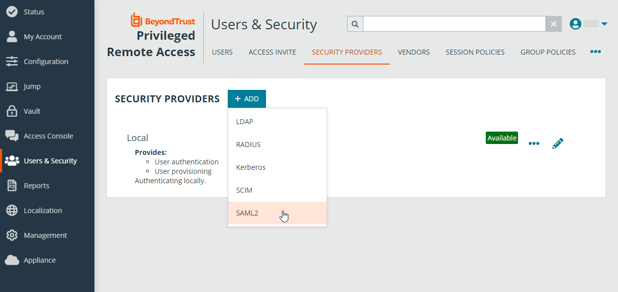 Access the Users & Security >  Security Providers tab, click + Add, and select SAML for Representatives