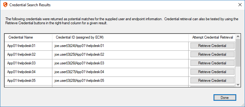 Screenshot of the ECM Test Plugin - Credential Search Results